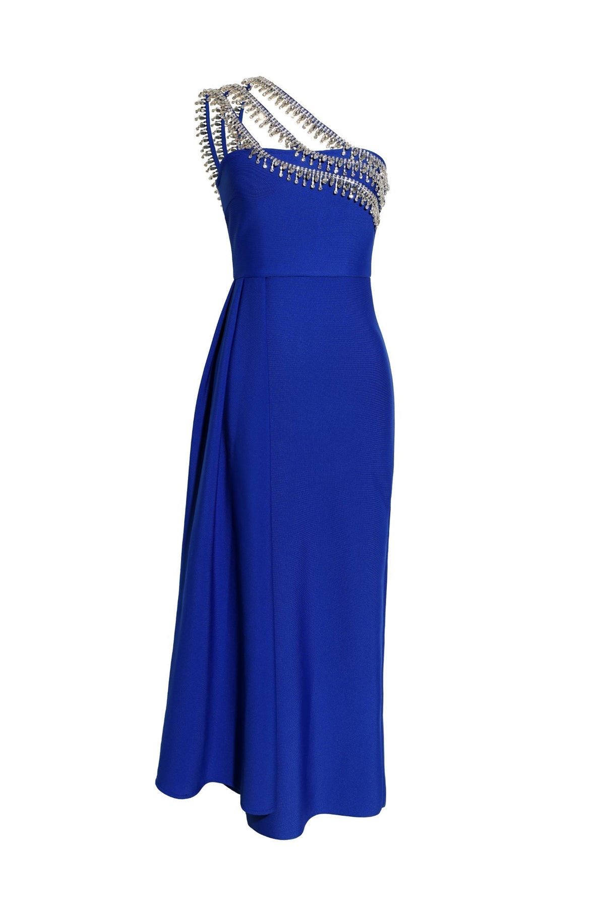 One Shoulder Triple Strap Crystal Fringe Bandage Maxi Dress