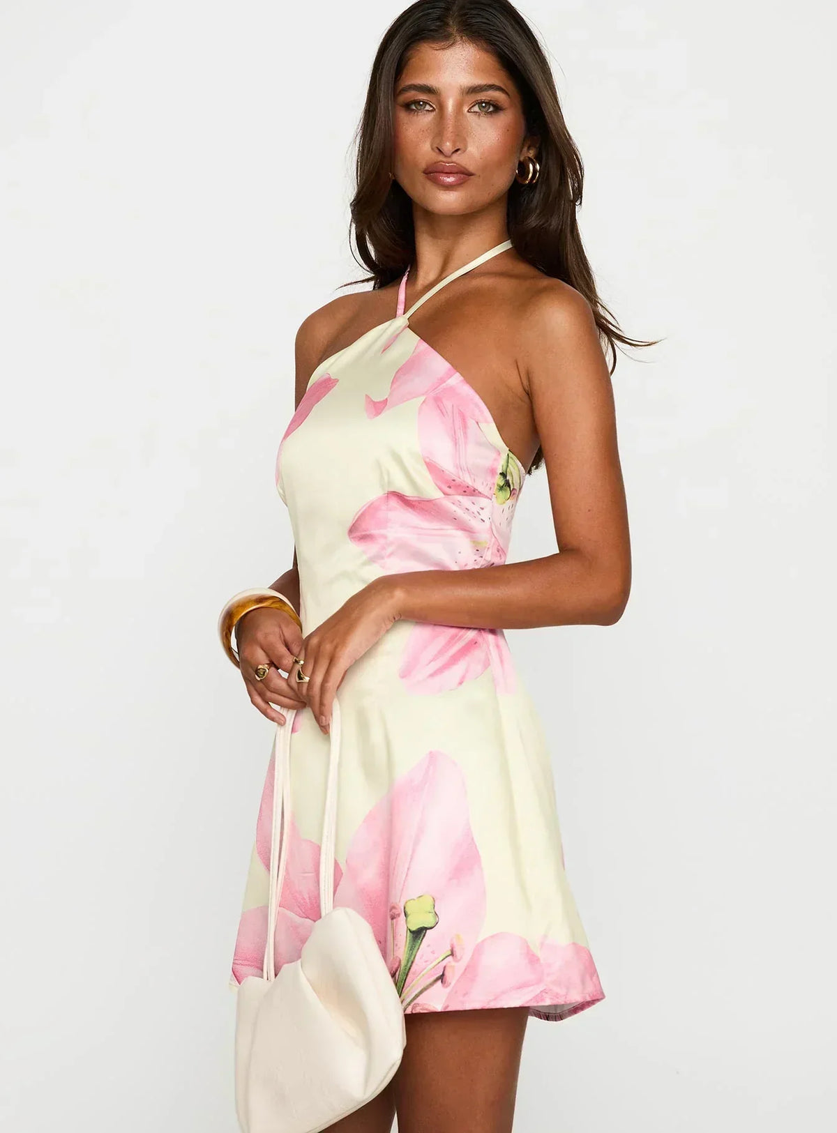 Halter Cross Neck Large Scale Lily Floral Print Satin Mini Dress