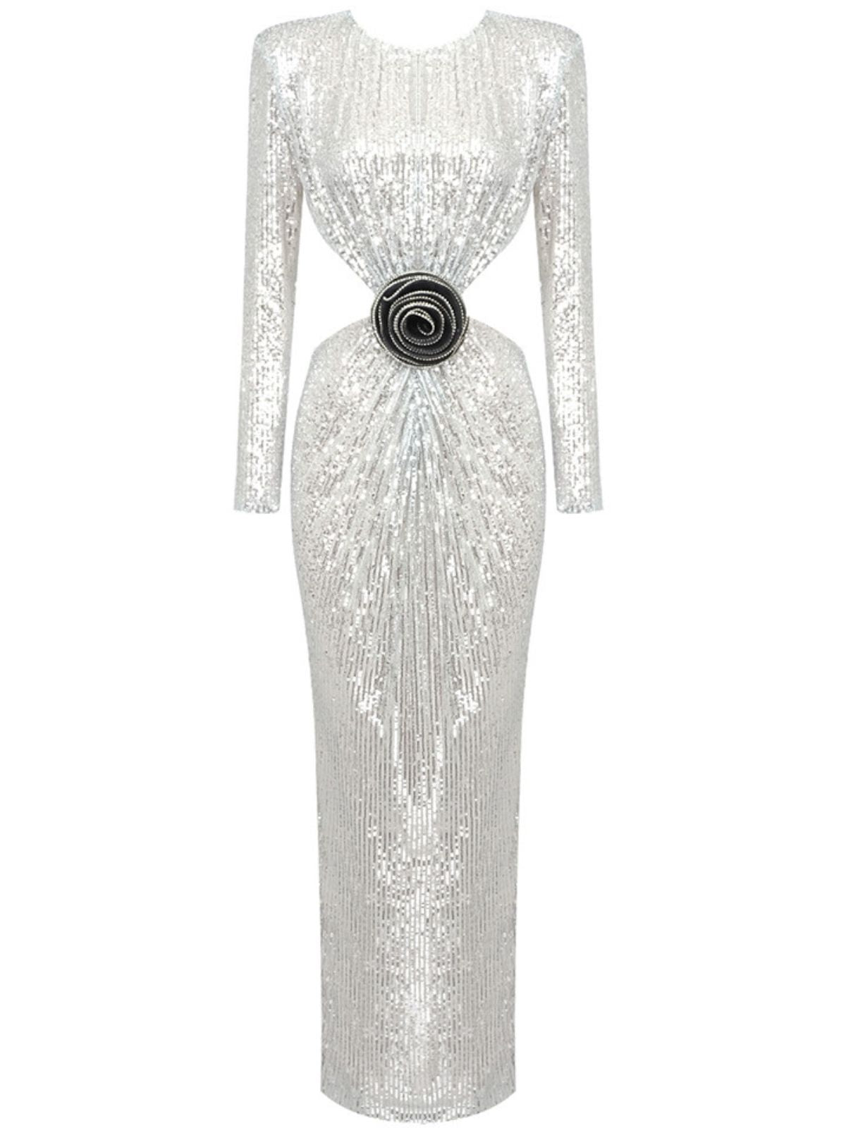 Crew Neck Long Sleeve Waist Cutout Rosette Applique Sequin Column Maxi Dress