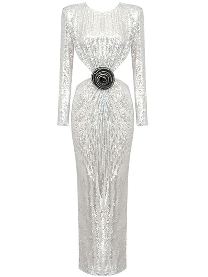 Crew Neck Long Sleeve Waist Cutout Rosette Applique Sequin Column Maxi Dress