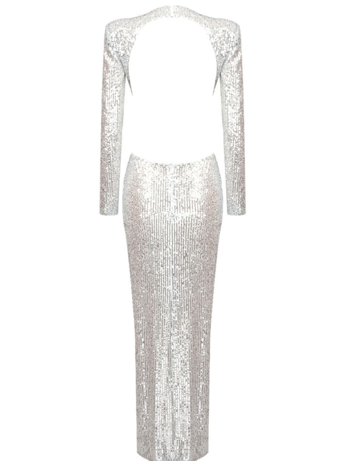 Crew Neck Long Sleeve Waist Cutout Rosette Applique Sequin Column Maxi Dress