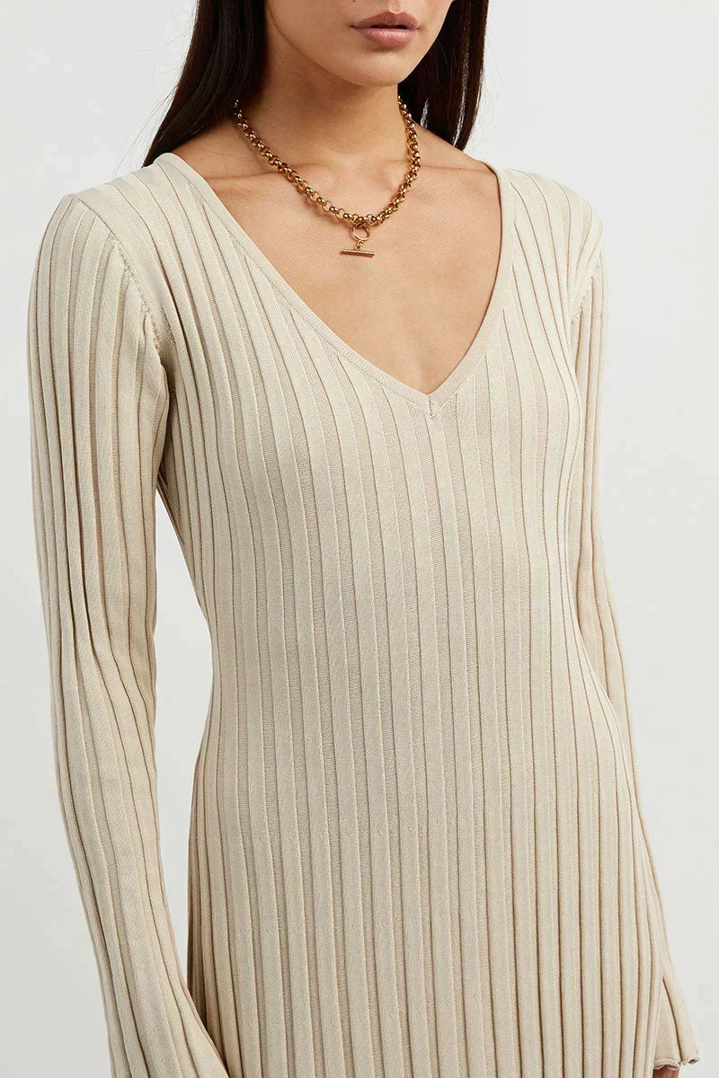 Rib Knit V-Neck Bell Sleeve Lettuce Hem Maxi Dress