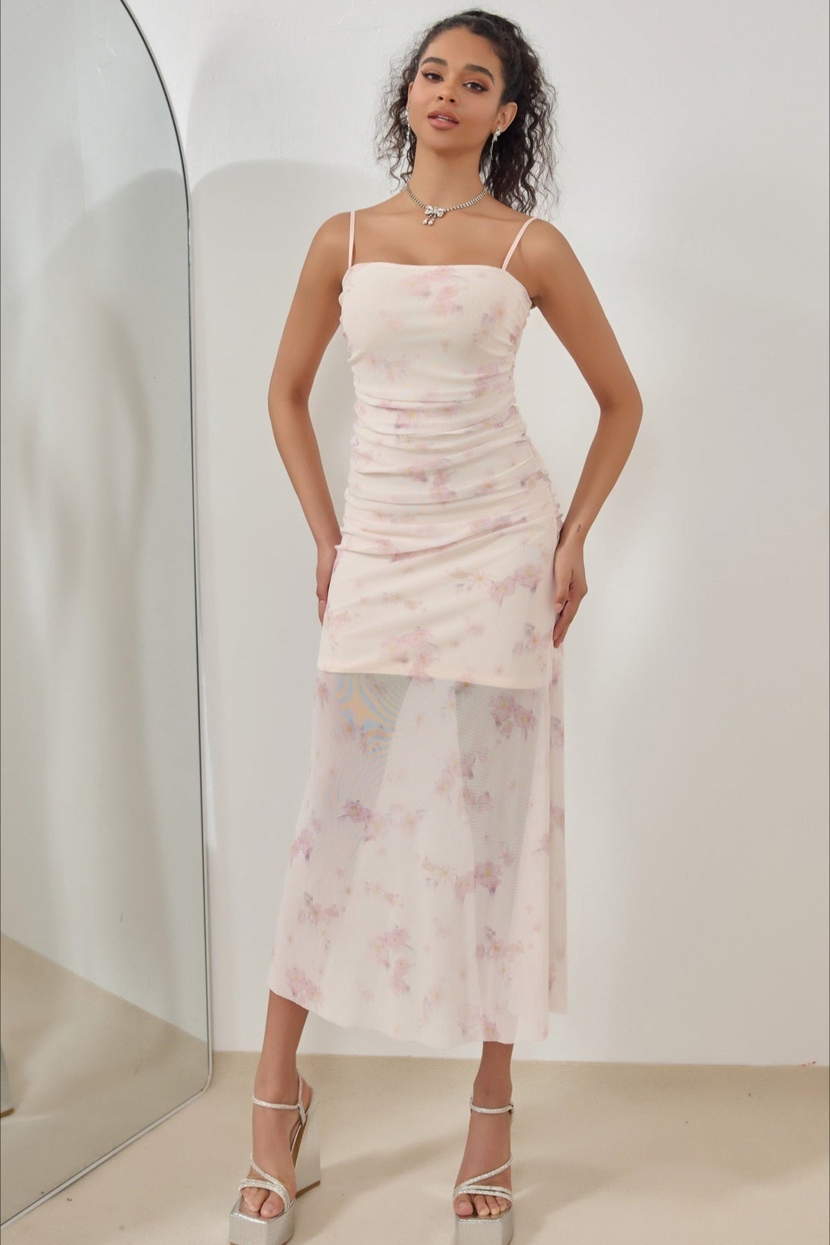 Spaghetti Strap Ruched Floral Print Mesh Overlay Bodycon Midi Dress
