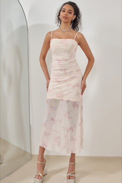Spaghetti Strap Ruched Floral Print Mesh Overlay Bodycon Midi Dress