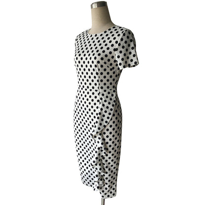Short Sleeve Polka Dot Side Ruffle Sheath Midi Dress