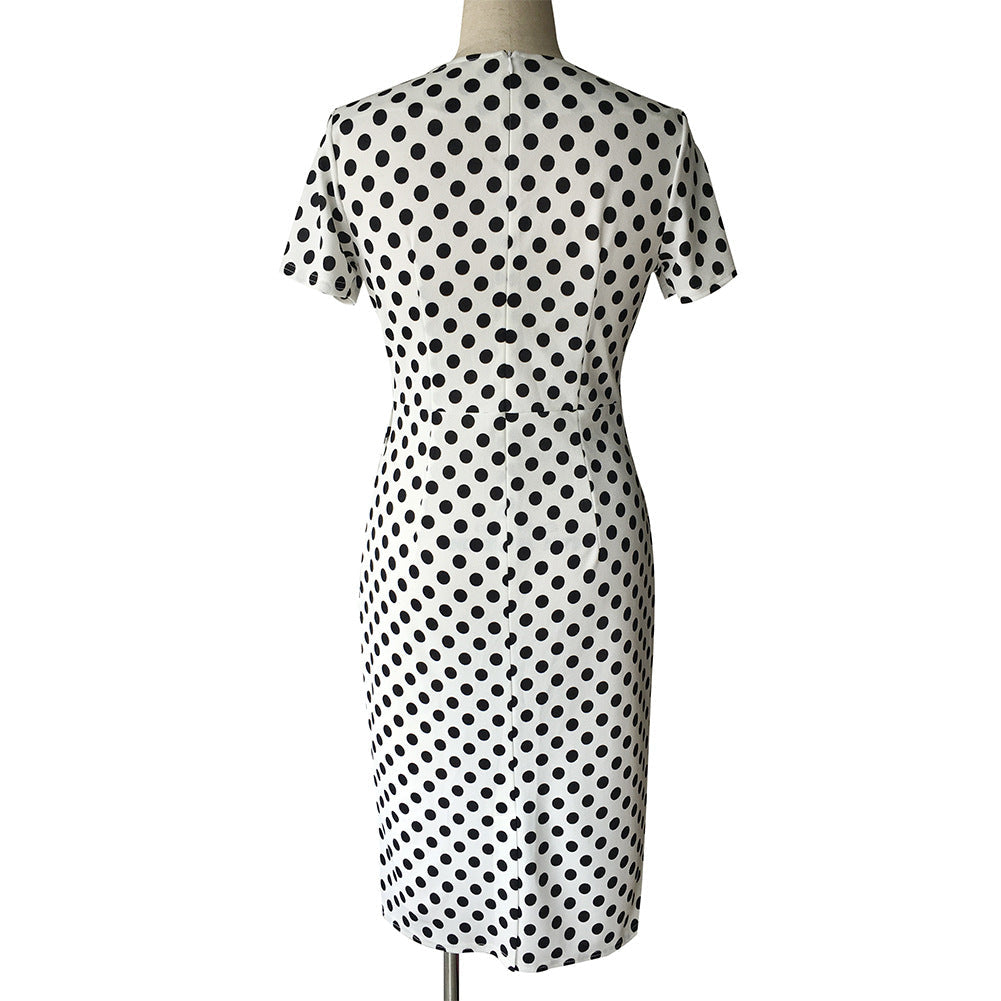 Short Sleeve Polka Dot Side Ruffle Sheath Midi Dress