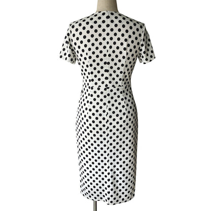 Short Sleeve Polka Dot Side Ruffle Sheath Midi Dress