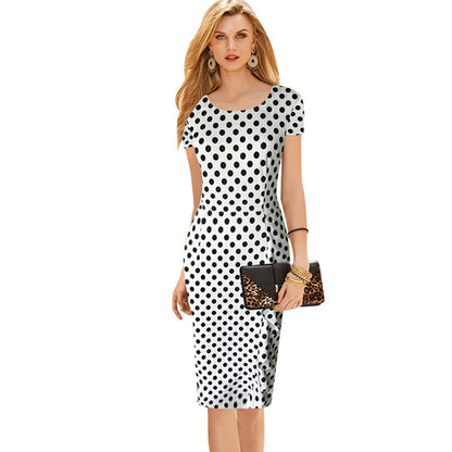 Short Sleeve Polka Dot Side Ruffle Sheath Midi Dress