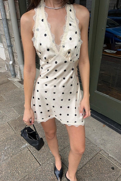 White Lace Trim Halter Polka Dot Mini Dress