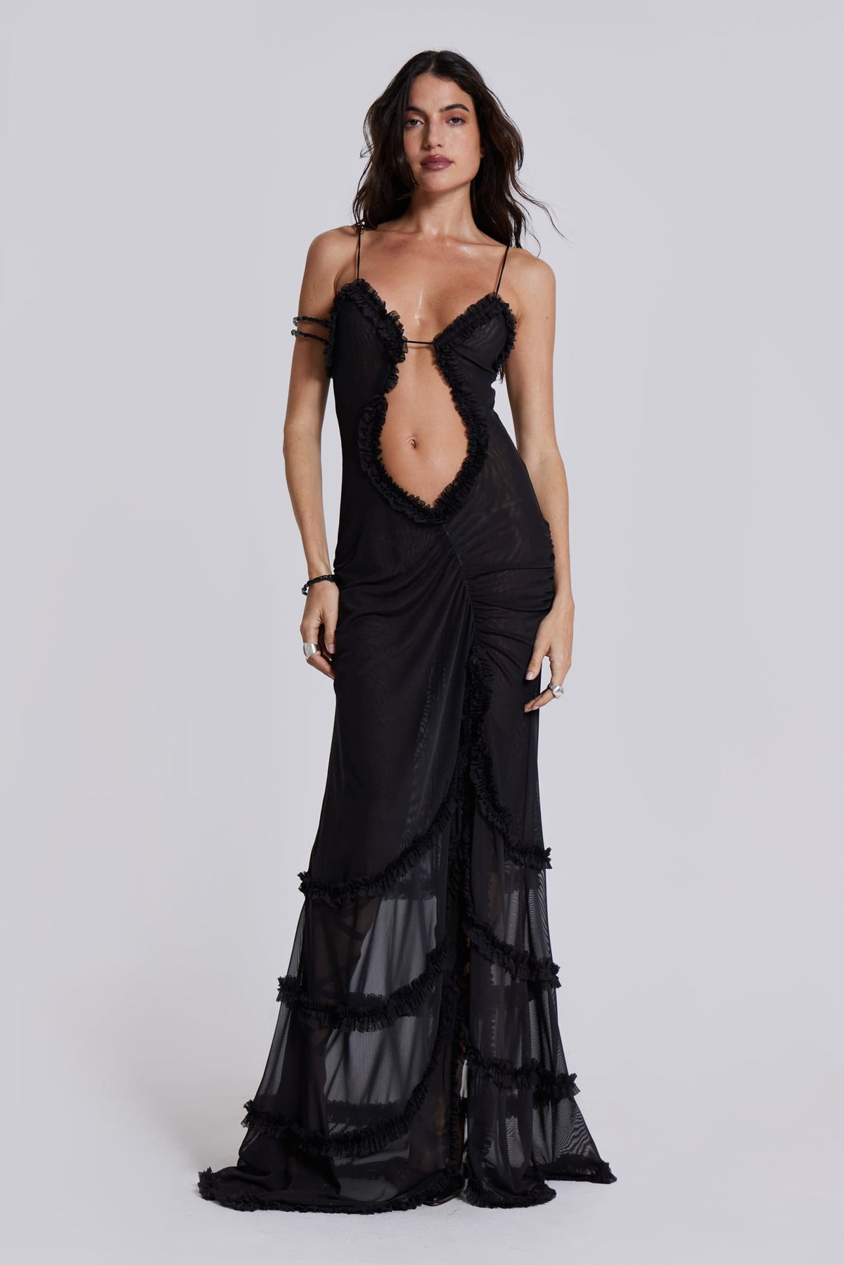 Mixed Print Keyhole Cutout Ruffle Trim High Slit Maxi Dress