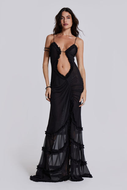 Mixed Print Keyhole Cutout Ruffle Trim High Slit Maxi Dress