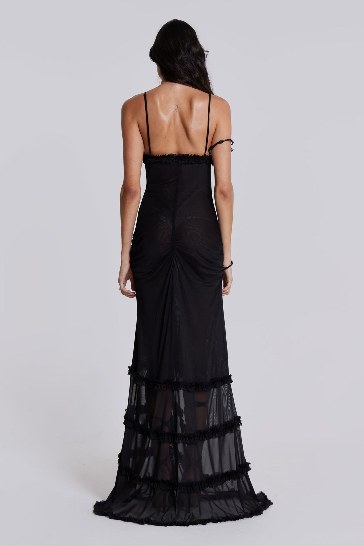 Mixed Print Keyhole Cutout Ruffle Trim High Slit Maxi Dress