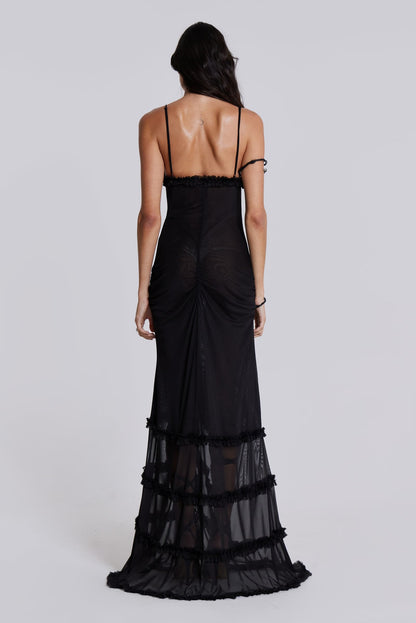 Mixed Print Keyhole Cutout Ruffle Trim High Slit Maxi Dress