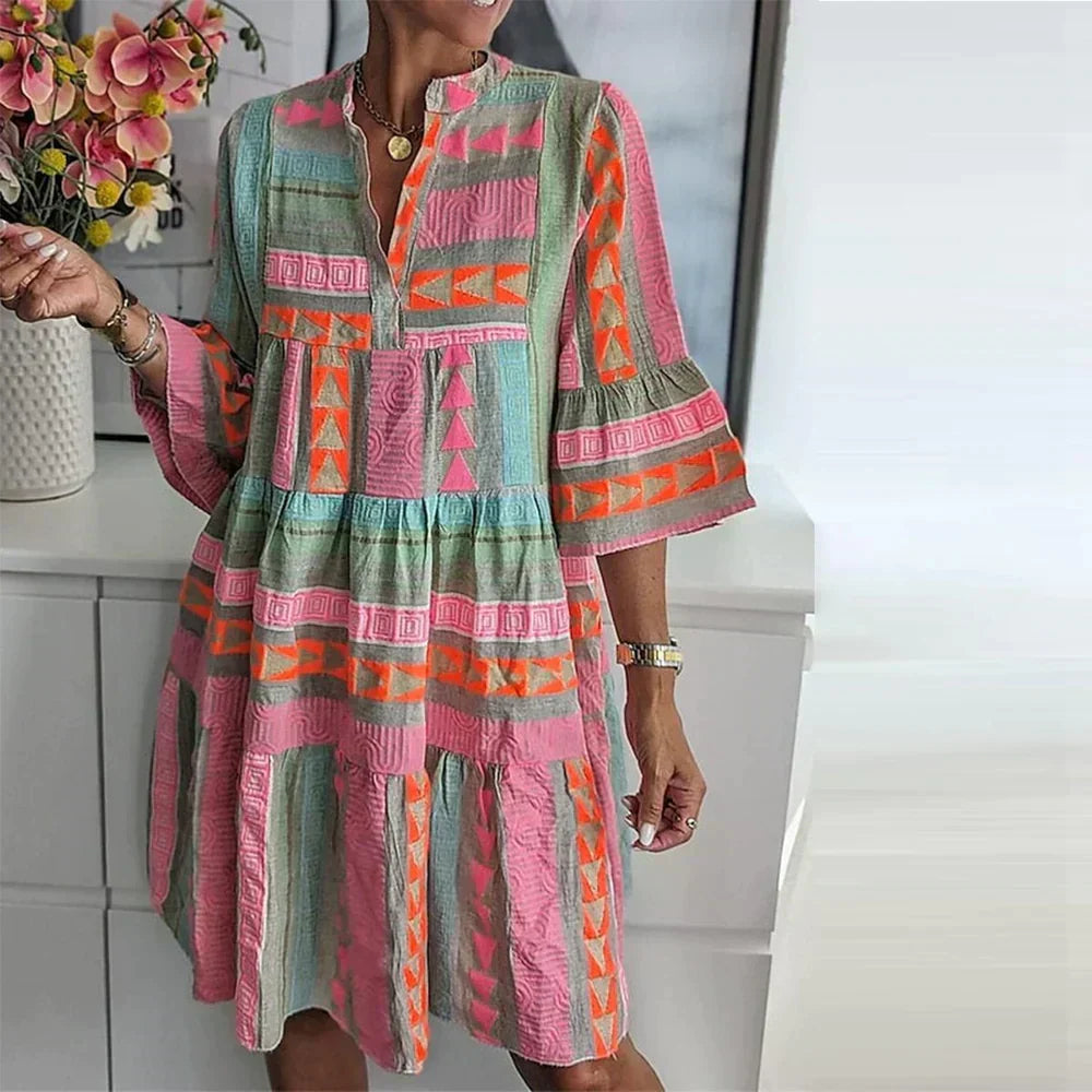 Mandarin Collar Tiered Bell Sleeve Geometric Print Mini Dress