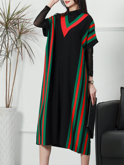 Deep V Contrast Stripe Panel Layered Mock Neck Knit Midi Dress