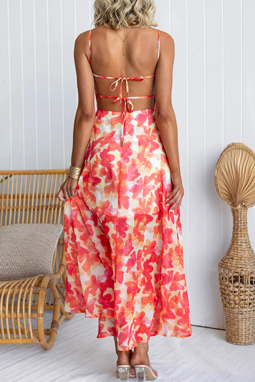 Sunset Watercolor Tie Back Slit Maxi Cami Dress