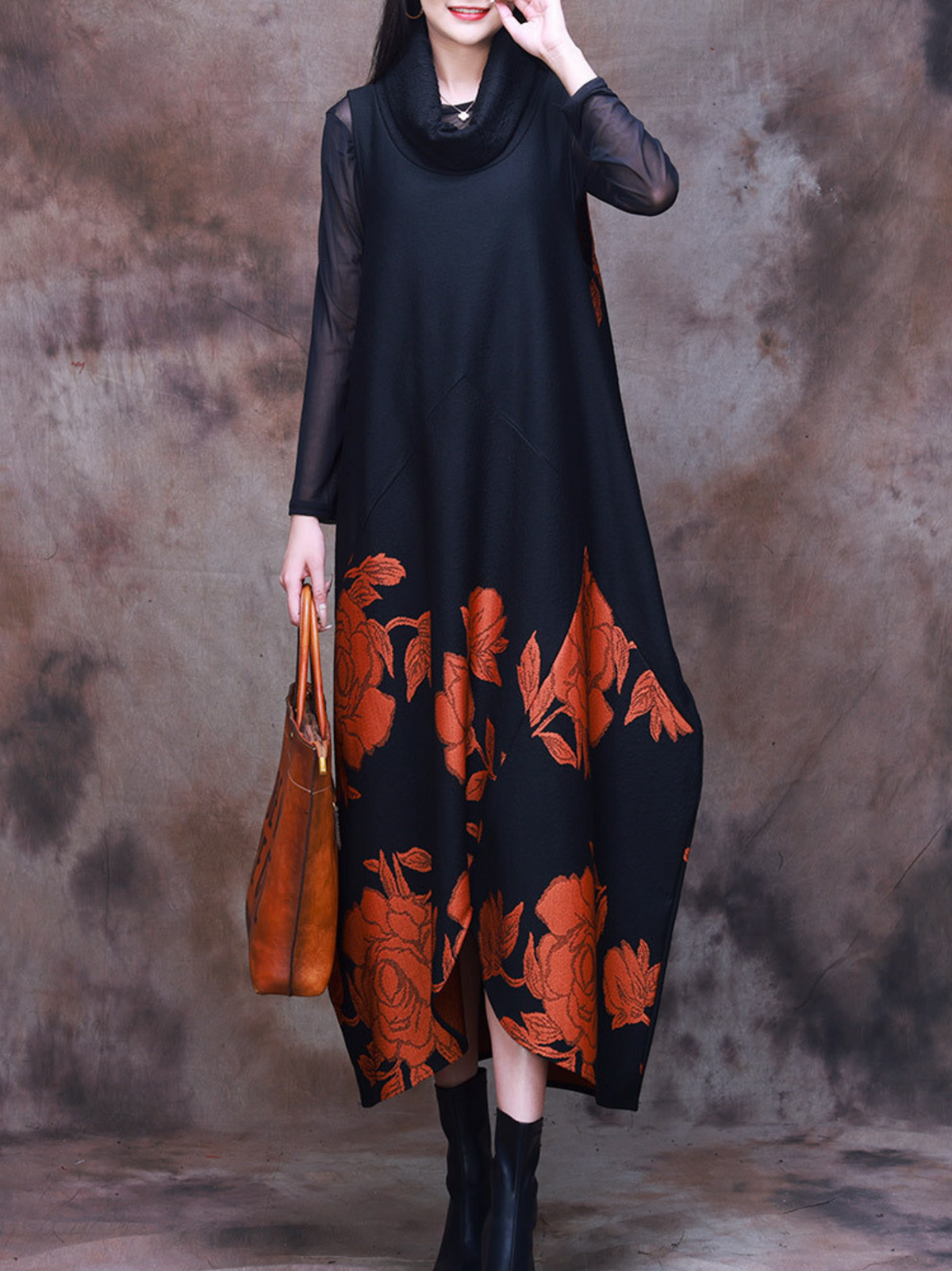 Cowl Neck Long Sleeve Floral Print Panel Oversized Maxi Dress