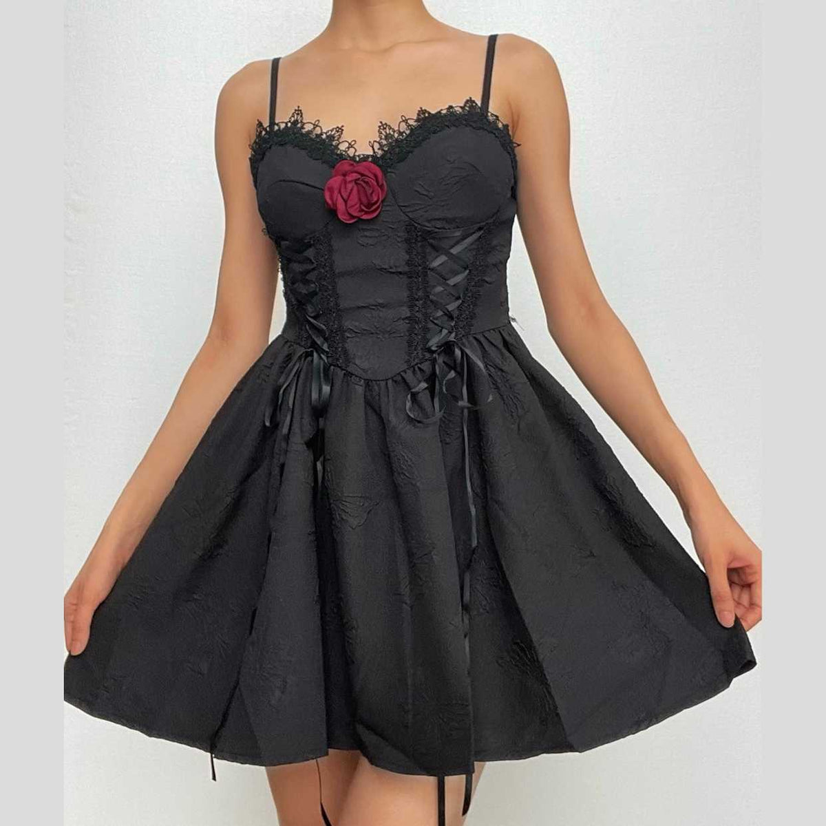 Sweetheart Lace Up Ribbon Bow Floral Applique Textured Mini Dress