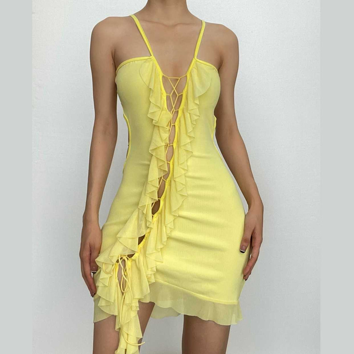 Halter Lace Up Ruffle Trim Asymmetric Hem Mini Dress
