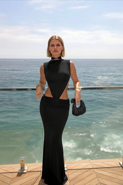 Mock Neck Sleeveless Waist Cutout Bodycon Maxi Dress