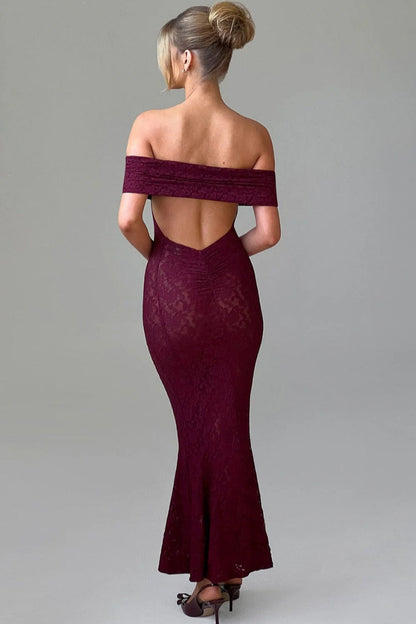 Floral Lace Off Shoulder Foldover Cuff Mermaid Maxi Dress