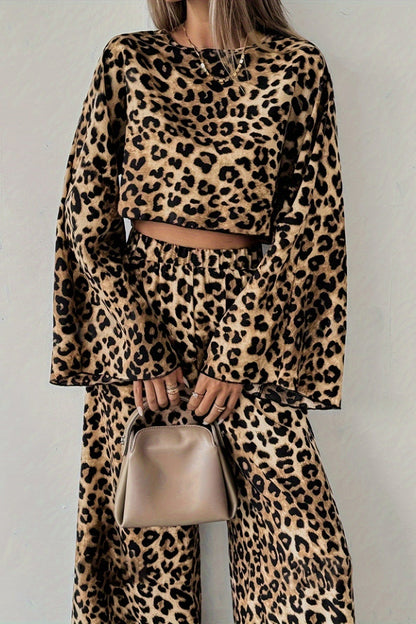 Leopard Print Loose Long Sleeve Pants Two Piece Set