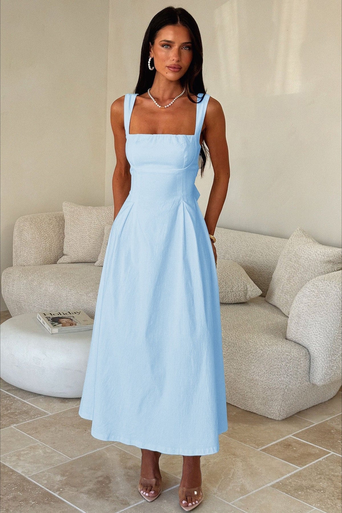 Square Neck Wide Strap Princess Seam Corset Bodice Flared Midi Dress