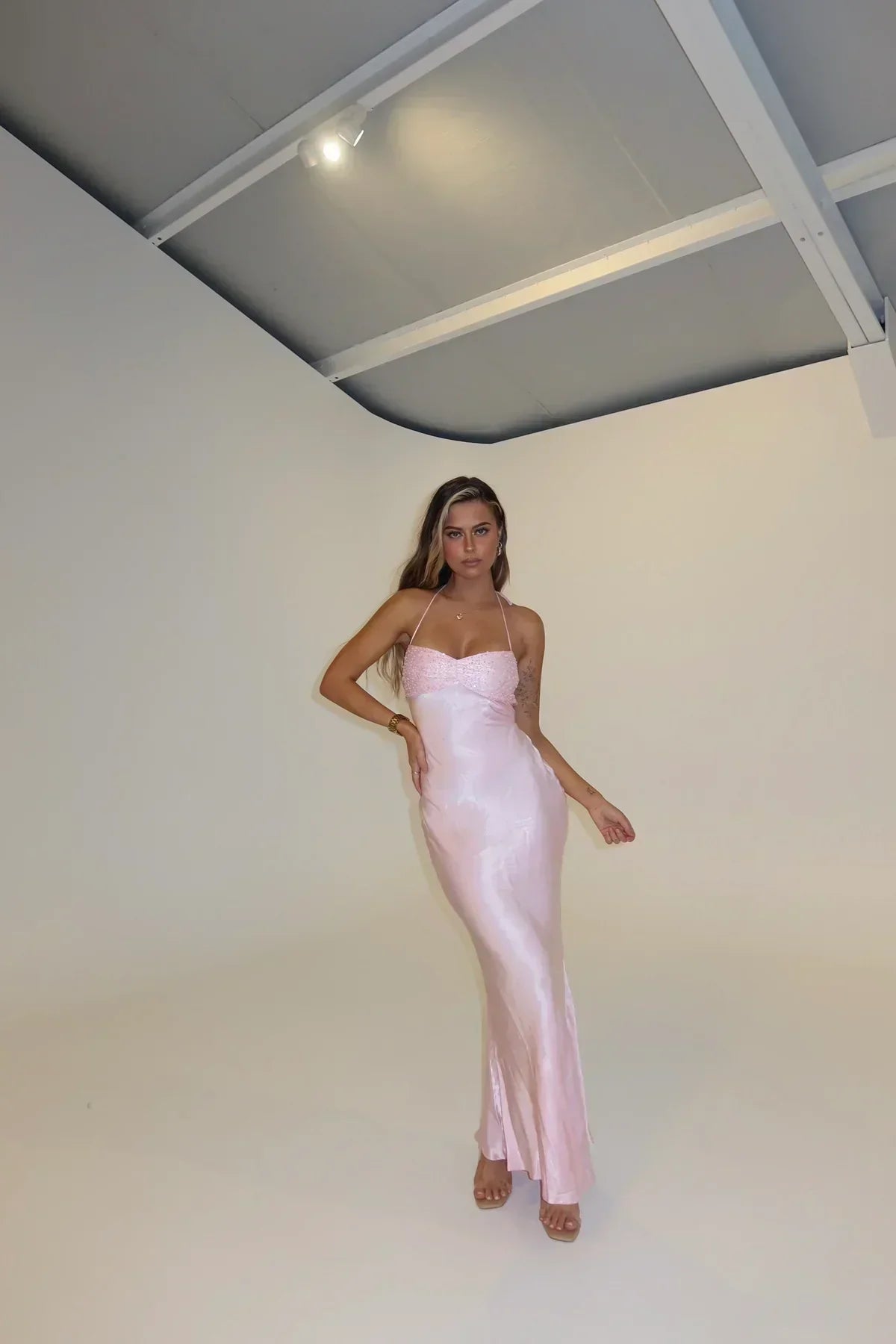 Halter Neck Shimmer Bodice Satin Column Maxi Dress