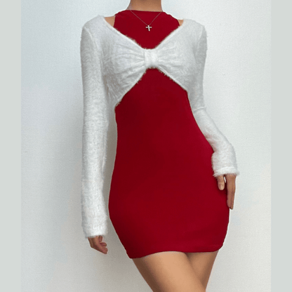 Fuzzy Bow Front Cropped Shrug High Neck Bodycon Mini Dress Set