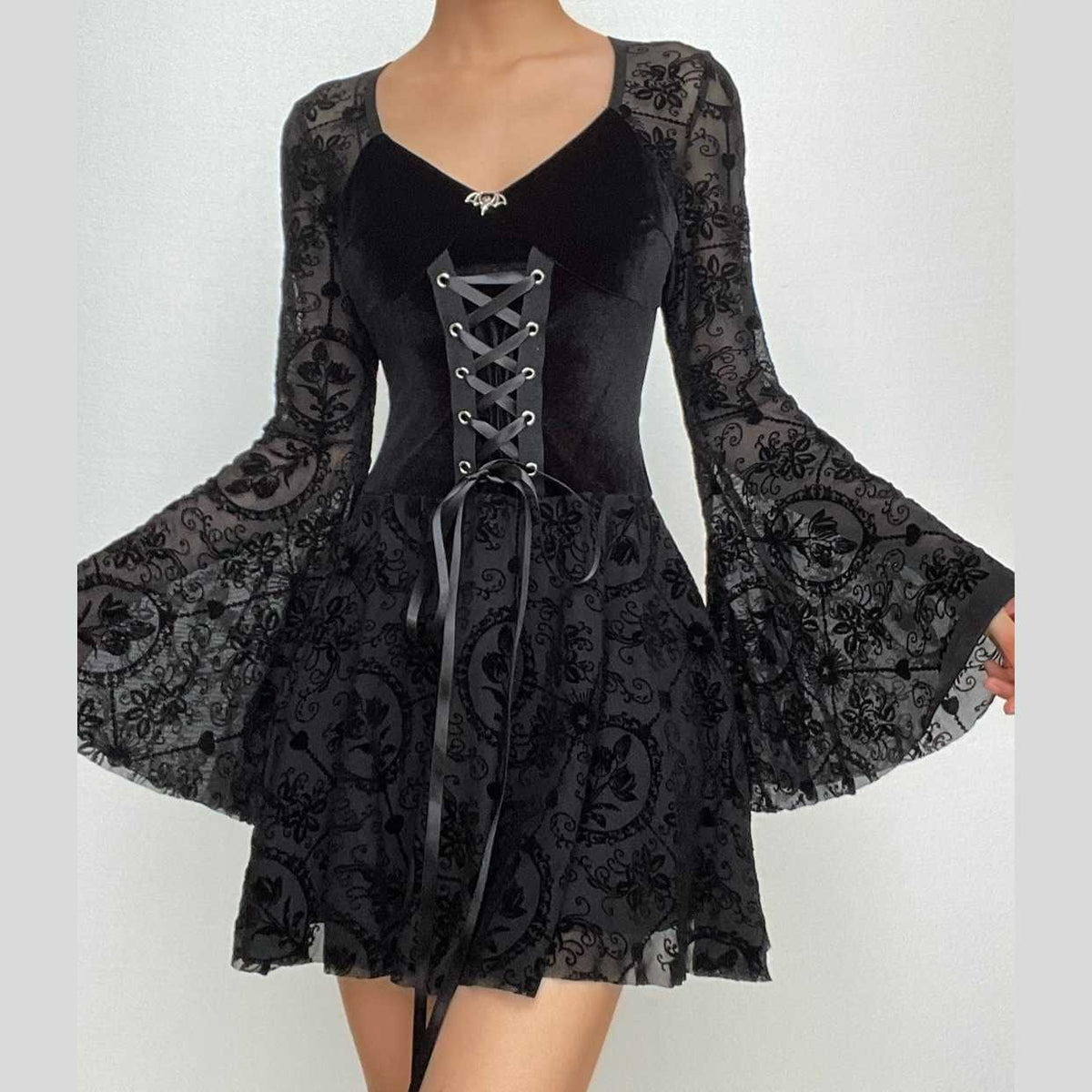 Velvet Lace-Up Corset Bodice Bell Sleeve Flocked Mesh Patchwork Mini Dress