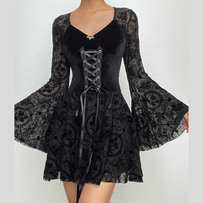 Velvet Lace-Up Corset Bodice Bell Sleeve Flocked Mesh Patchwork Mini Dress