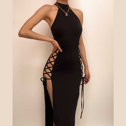 Halter Neck Side Lace Up Bow Tie High Slit Bodycon Midi Dress