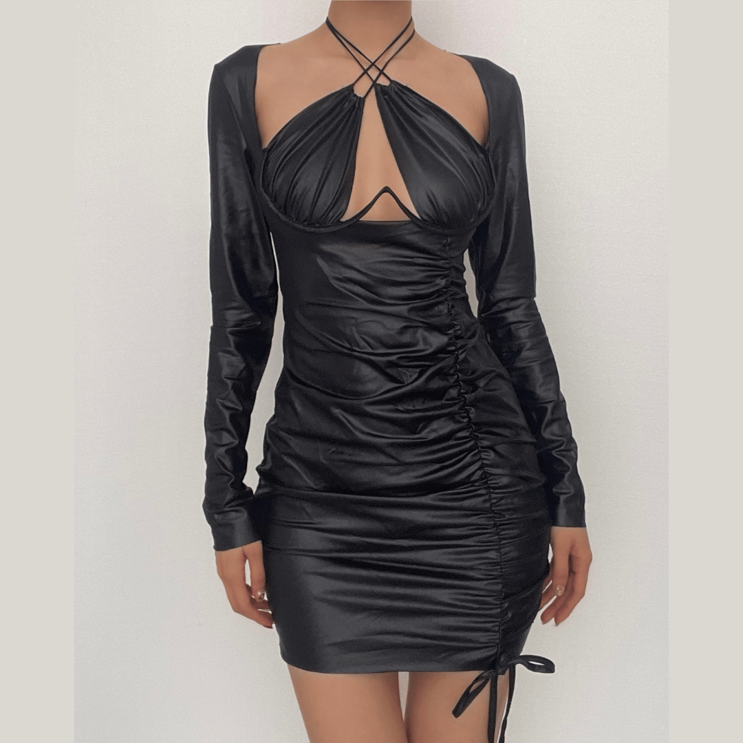Halter Cross Strap Bust Cutout Coated Ruched Drawstring Mini Dress