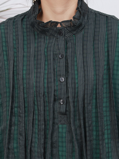 Ruffled Collar Button Placket Bishop Sleeve Tiered Pleated Stripe Maxi Dress