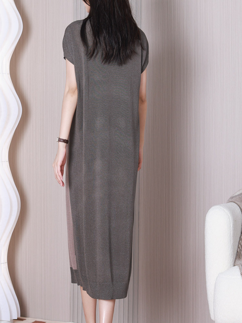 Crew Neck Short Sleeve Asymmetrical Color Block Knit Midi Sweater Dress
