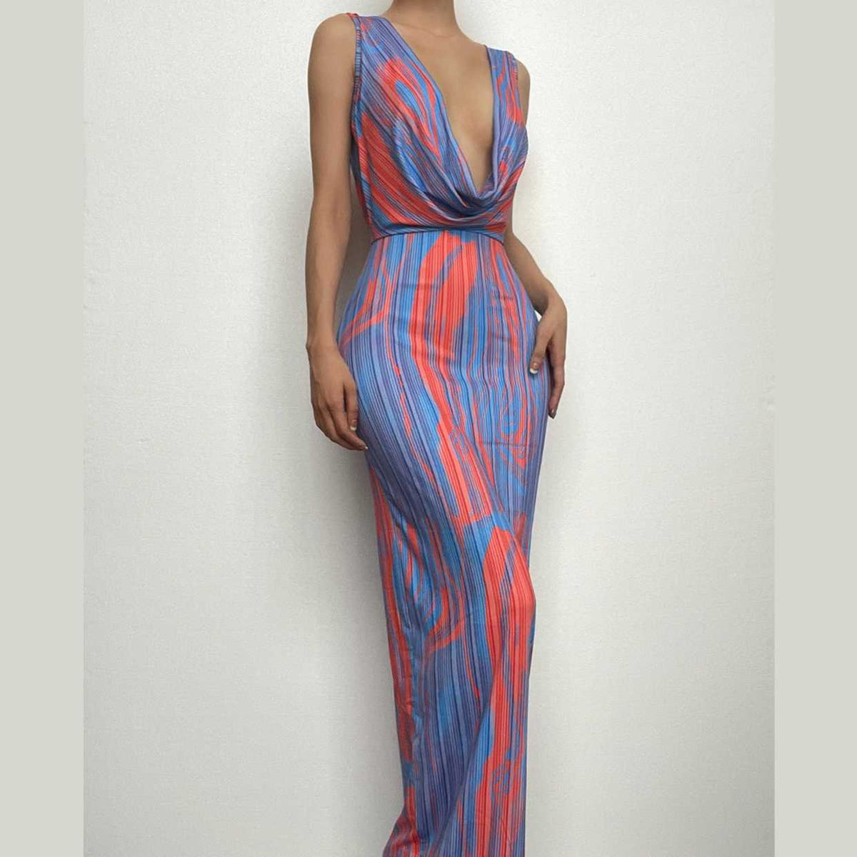 Spaghetti Strap Cowl Neck Abstract Marbled Print Bodycon Maxi Dress