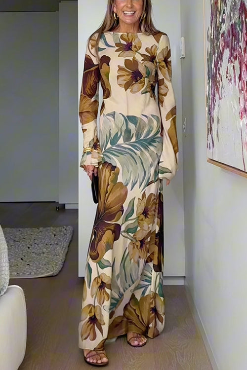 Bell Long Sleeves Open Back Floral Print Maxi Dress