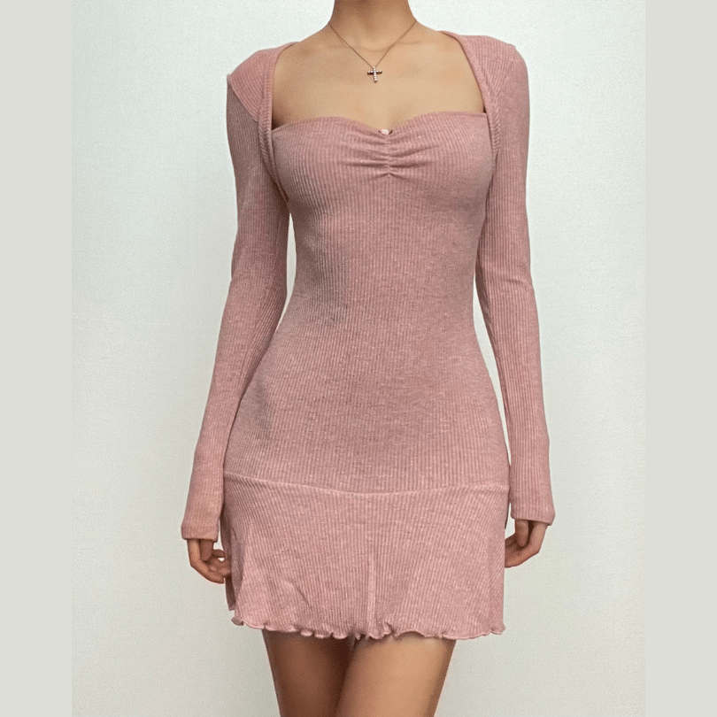 Rib Knit Sweetheart Ruched Pearl Long Sleeve Ruffle Hem Mini Dress