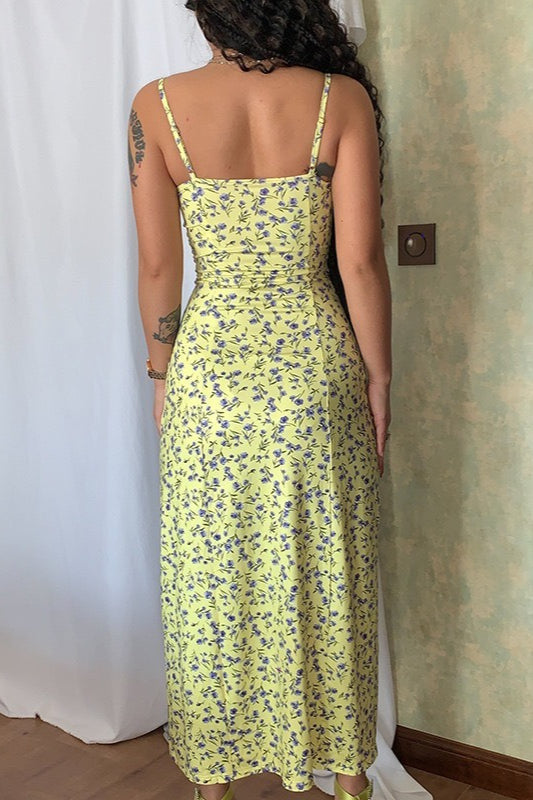 Spaghetti Strap Sweetheart Lace Trim Corset Bodice High Slit Midi Dress