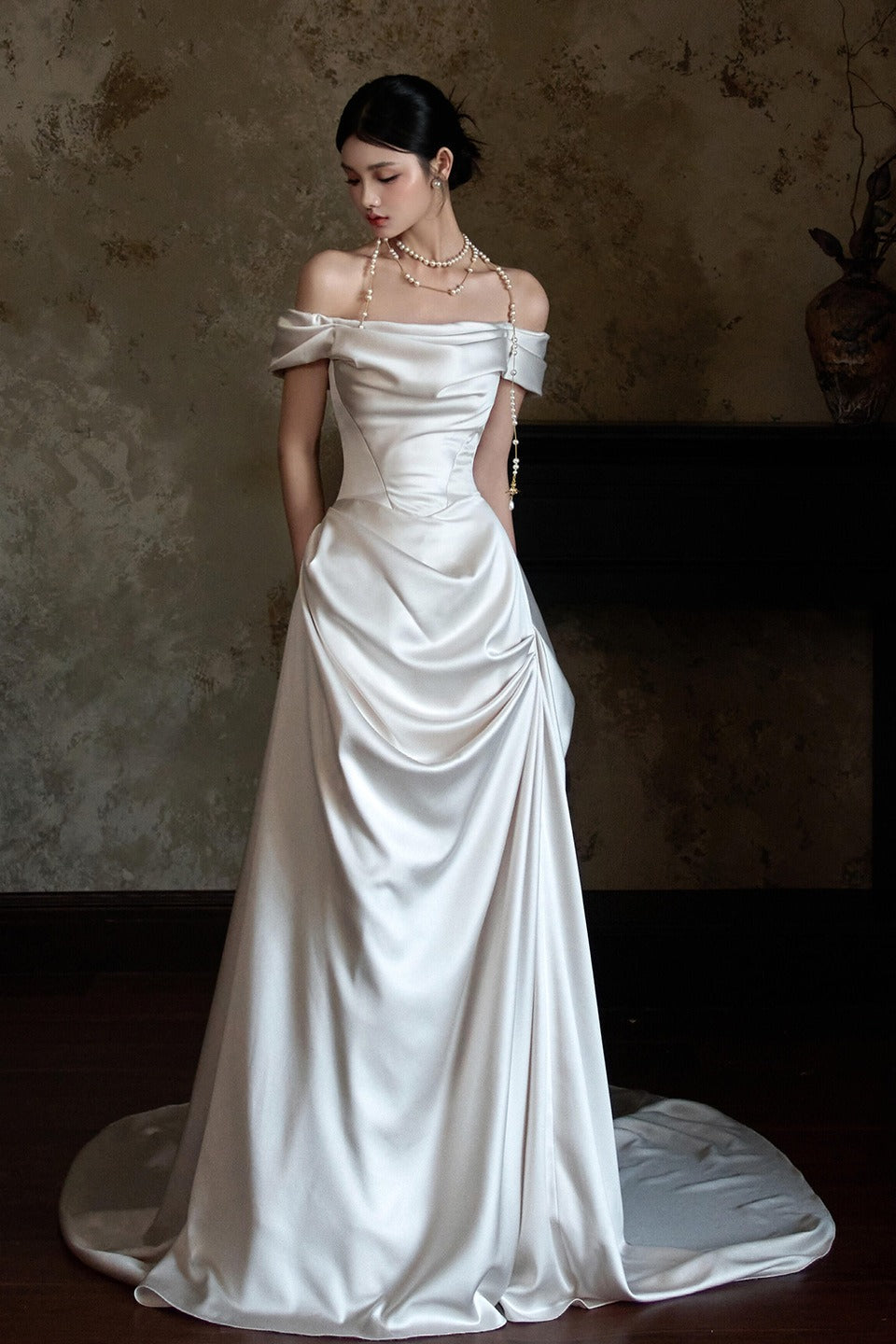 Off Shoulder Satin Train Reception Dress