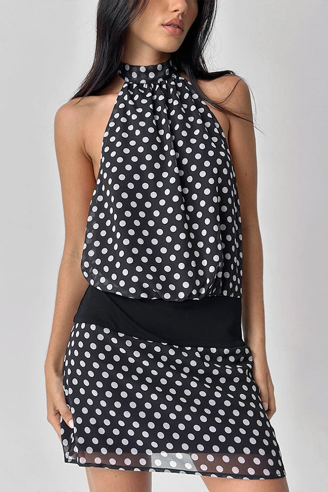 Polka Dot Halter Top and Elastic Waist Mini Skirt Two Piece Set