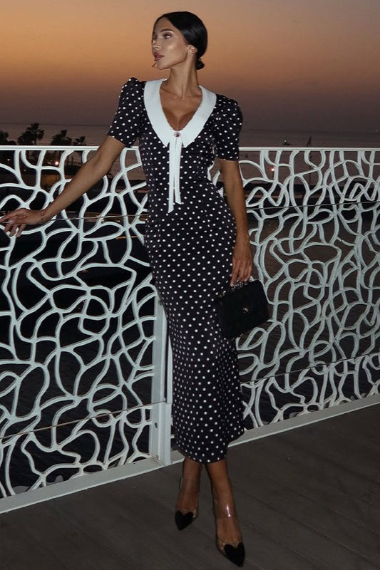 Black Polka Dot V-Neck Puff Sleeve Bodycon Maxi With Side Slit Dress