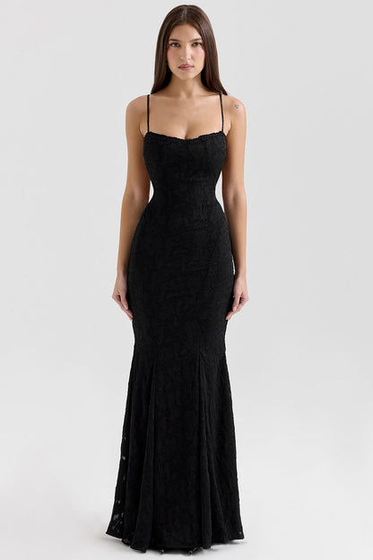 Strapless Lace Backless Waist Tie Maxi Lace Dress