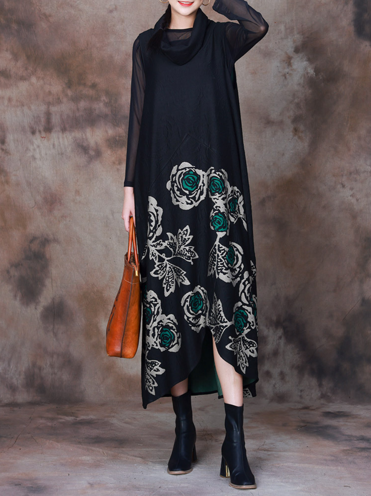 Cowl Neck Long Sleeve Floral Print Panel Oversized Maxi Dress