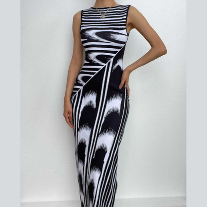 Abstract Graphic Stripe Boat Neck Sleeveless Bodycon Maxi Dress