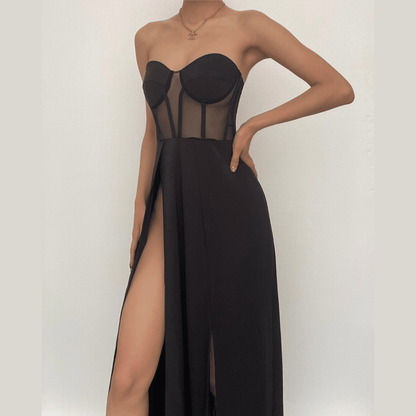 Strapless Sweetheart Corset Mesh Panel Double Slit Maxi Dress