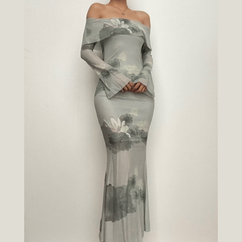 Off Shoulder Long Sleeve Lotus Print Bell Cuff Mermaid Maxi Dress