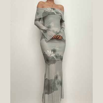 Off Shoulder Long Sleeve Lotus Print Bell Cuff Mermaid Maxi Dress