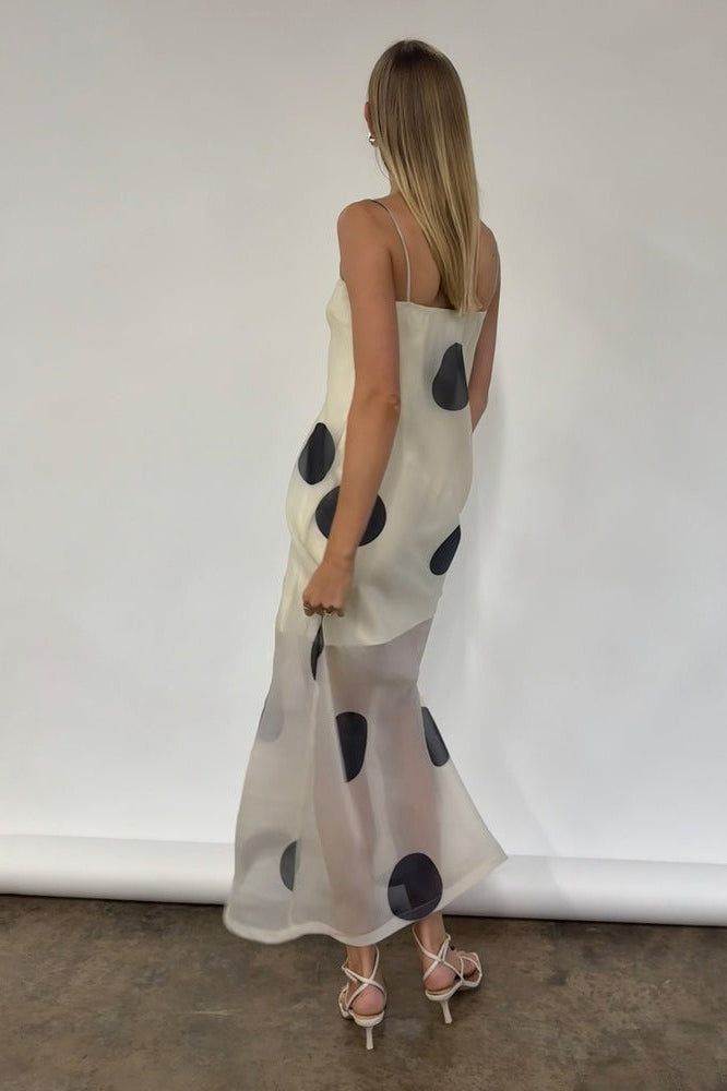 White Polka Dot Bodycon Cami Maxi With Side Slit Dress