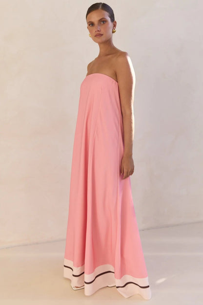 Strapless Contrast Band Hem A-Line Maxi Dress